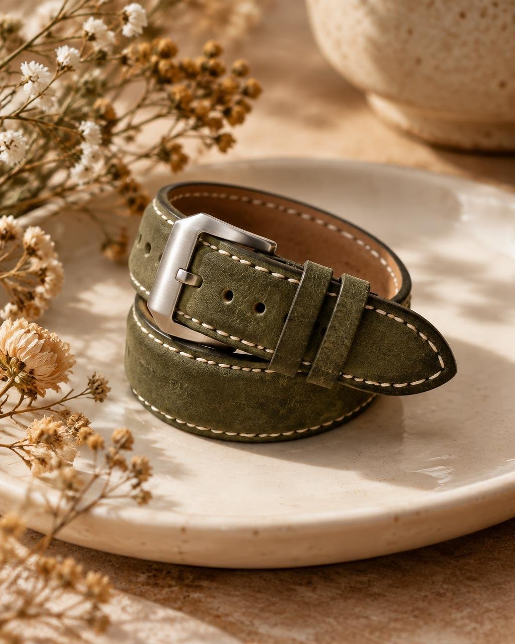 Olive green nubuck watch strap with cream stitching and steel buckle