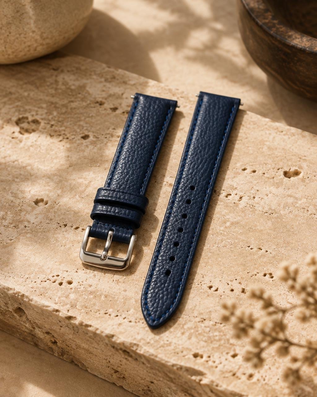 Navy grained leather watch strap halves with silver buckle on travertine