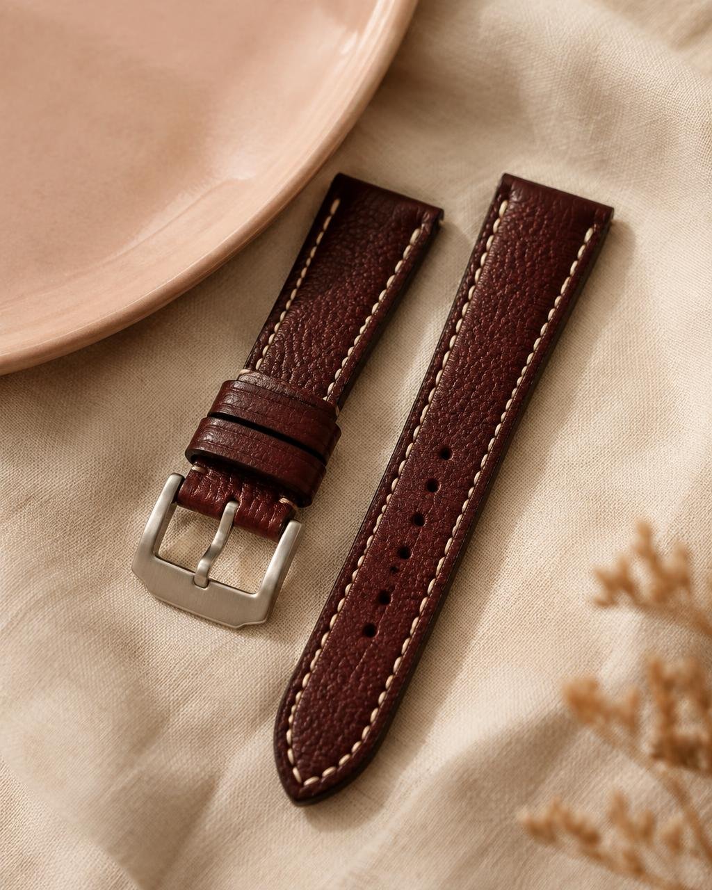 Burgundy pebbled leather watch strap halves with cream stitching on linen