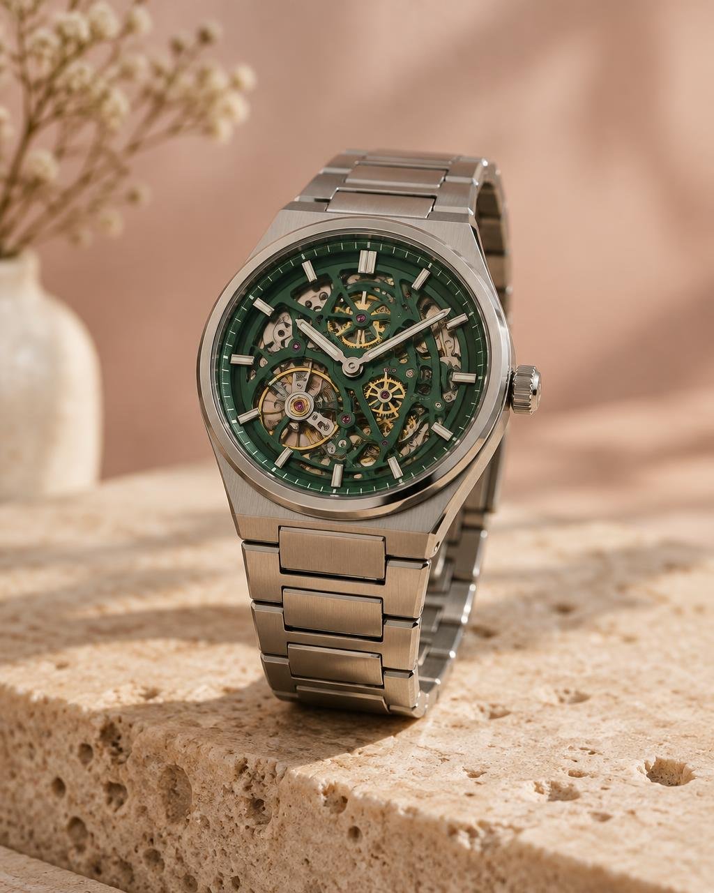 Steel watch with green skeleton dial showing the movement